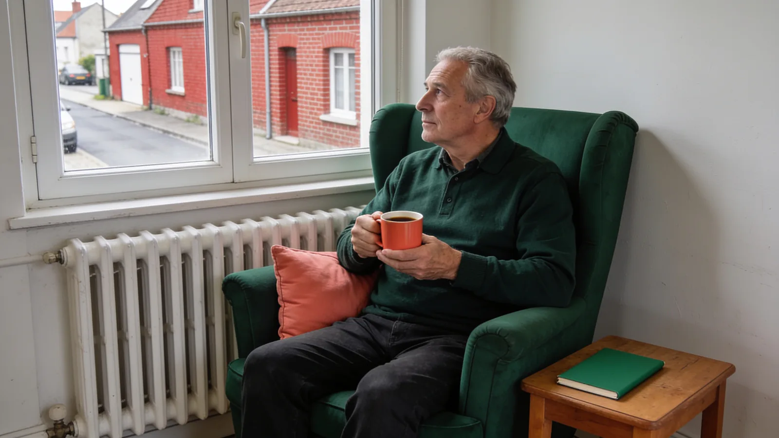 Un homme d'une soixantaine d'années, une tasse à la main, regarde par la fenêtre depuis un fauteuil vert, à côté d'un radiateur en fonte blanc ; dehors, une rue de maisons en brique rouge