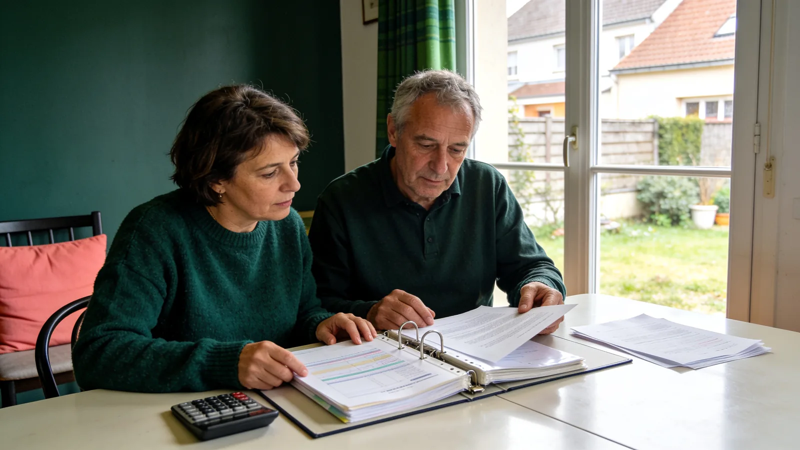 Un couple de propriétaires consulte un classeur de documents à la table de sa salle à manger, une calculatrice posée à côté