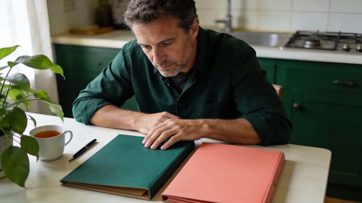 Un homme assis à une table de cuisine pose la main sur l'une des deux chemises cartonnées, une verte et une corail, placées devant lui