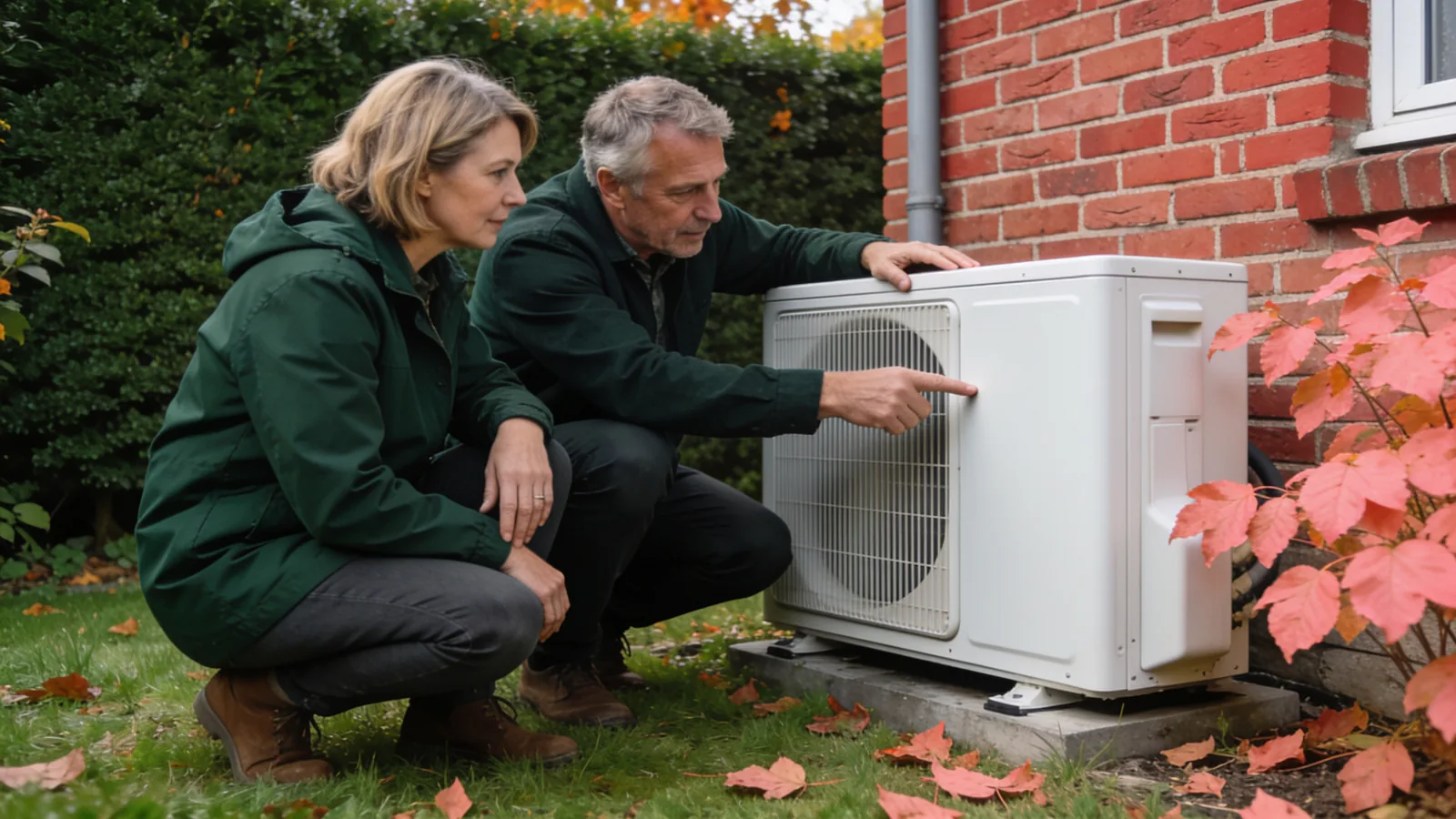 Un couple accroupi dans le jardin d'une maison en brique examine l'unité extérieure blanche d'une pompe à chaleur, l'homme pointe le côté de l'appareil, des feuilles rouges autour