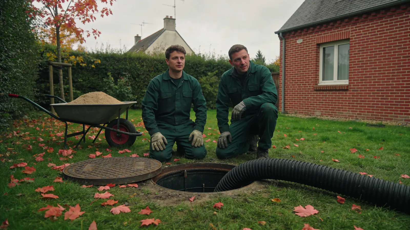 Deux ouvriers en combinaison verte agenouillés dans un jardin près du trou d'homme ouvert d'une cuve à fioul enterrée, un tuyau d'aspiration noir sur la pelouse et une brouette de sable
