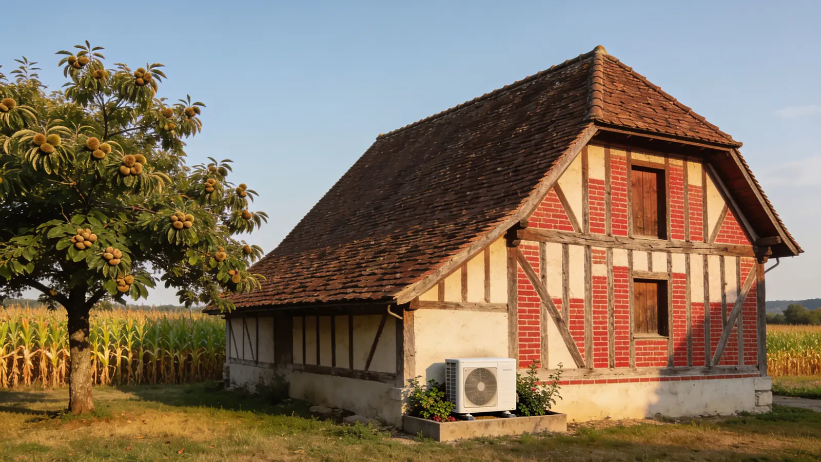 Ferme bressane à pans de bois et remplissage de brique rouge sous un grand toit de tuiles brunes, près d'un champ de maïs en fin d'été, avec une pompe à chaleur posée sur un socle au pied du pignon