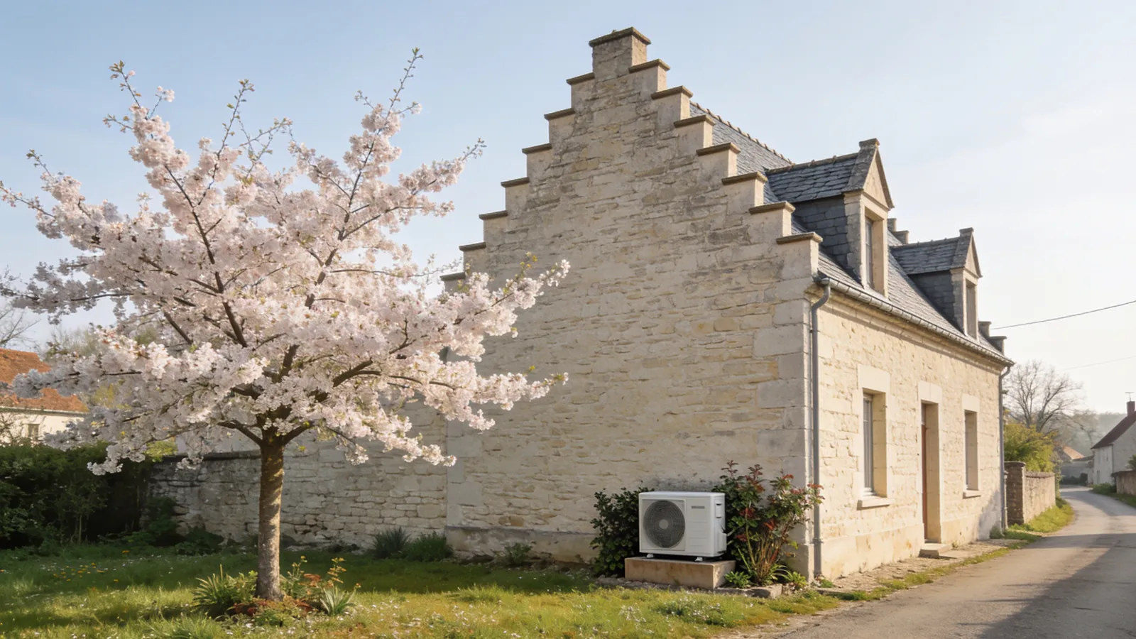 Maison de pierre calcaire claire au pignon à redents et toit d'ardoise, un cerisier en fleurs dans le jardin au printemps, une pompe à chaleur posée contre la façade côté rue