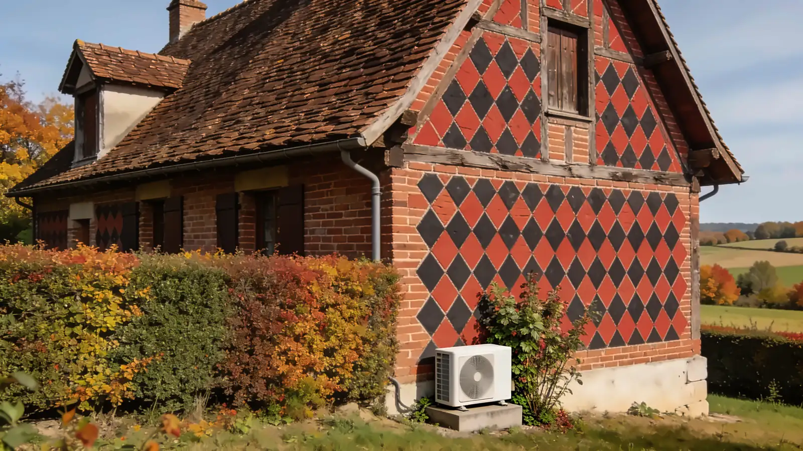 Maison bourbonnaise en brique rouge à motifs de losanges sombres, toit de tuiles brunes et haie aux couleurs d'automne, une pompe à chaleur posée sur un socle contre le mur