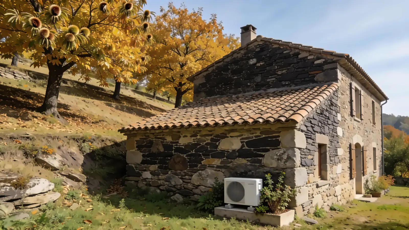 Maison ardéchoise en schiste sombre au toit de tuiles canal sur un coteau planté de châtaigniers dorés, une pompe à chaleur posée sur un socle contre le mur en automne
