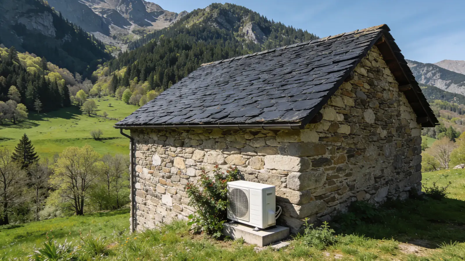 Maison de pierre ariégeoise au toit d'ardoise sombre devant des prairies et des montagnes boisées au printemps, une pompe à chaleur posée contre le pignon