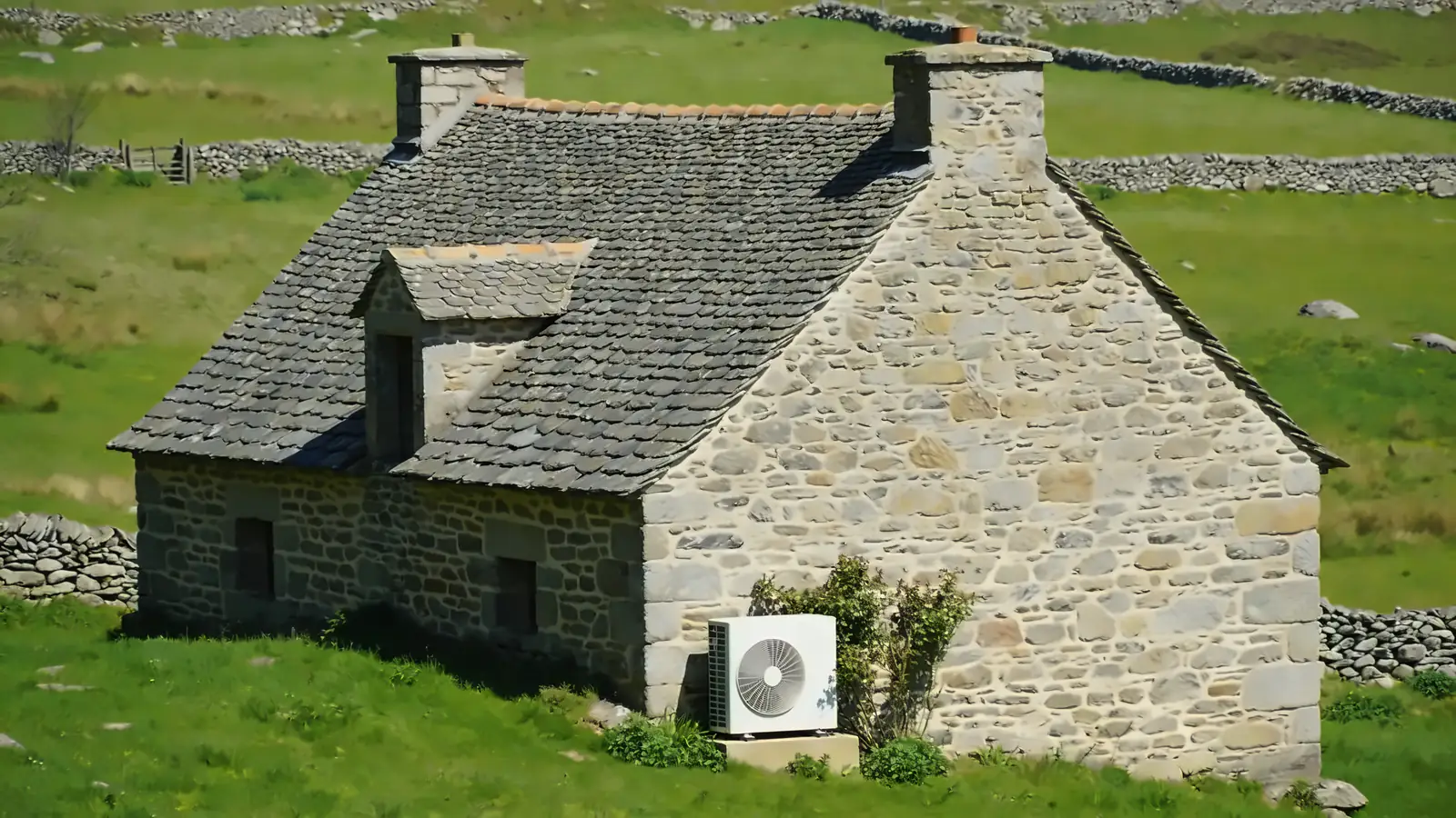 Ferme de l'Aubrac en granit au toit de lauzes, prés verts et murets de pierre sèche à la fin du printemps, une pompe à chaleur posée contre le pignon