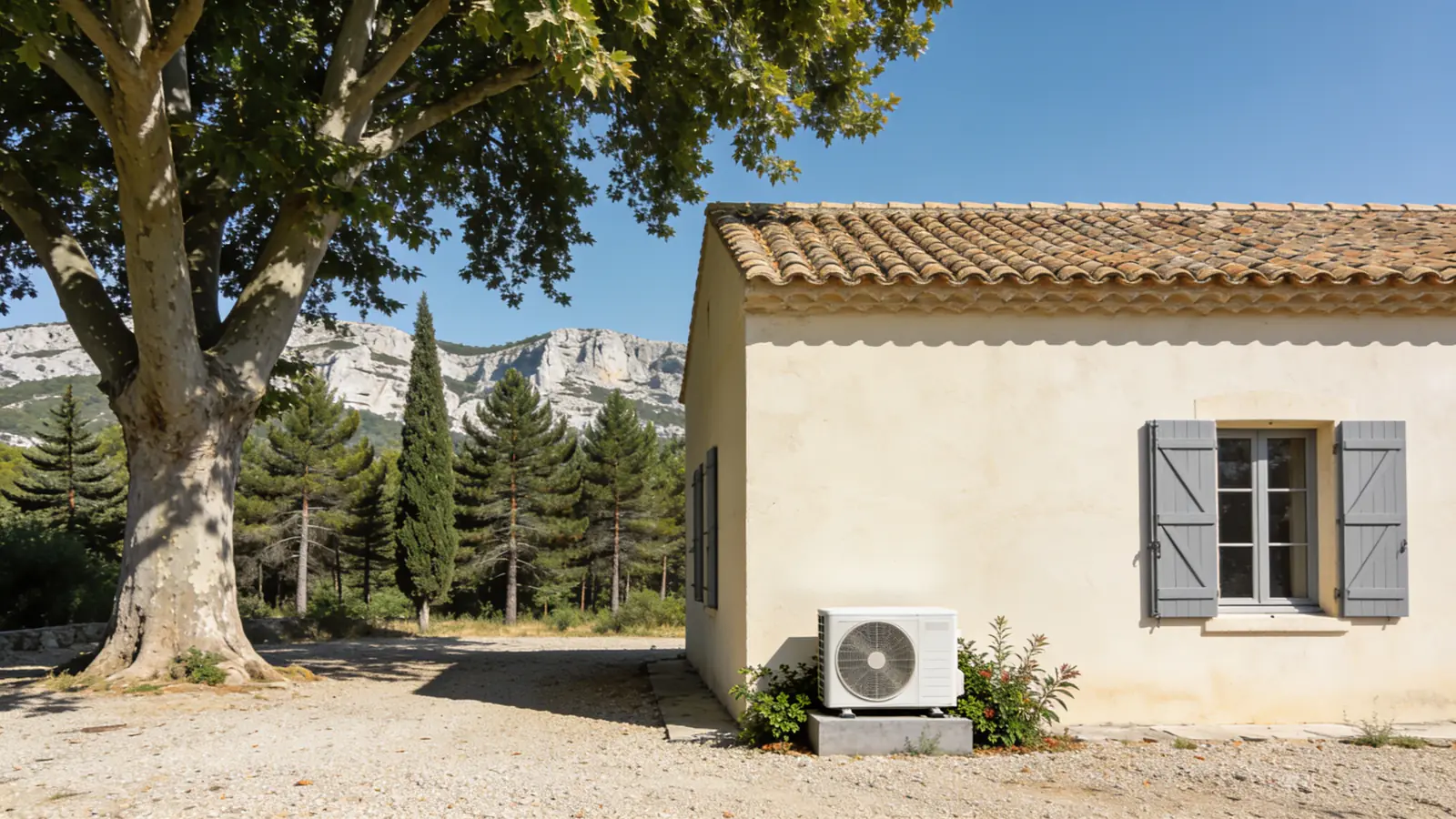 Bastide provençale crépie de crème aux volets gris, grand platane ombrageant une cour de gravier et collines calcaires au loin en été, une pompe à chaleur posée contre la façade