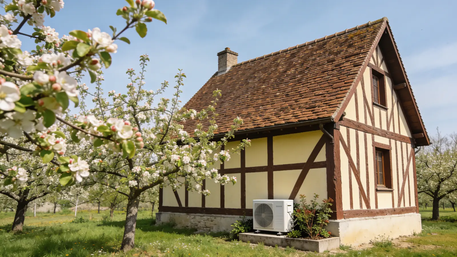 Maison à colombages du pays d'Auge au toit de tuiles brunes, pommiers en fleurs au premier plan au printemps, une pompe à chaleur posée sur un socle contre le mur