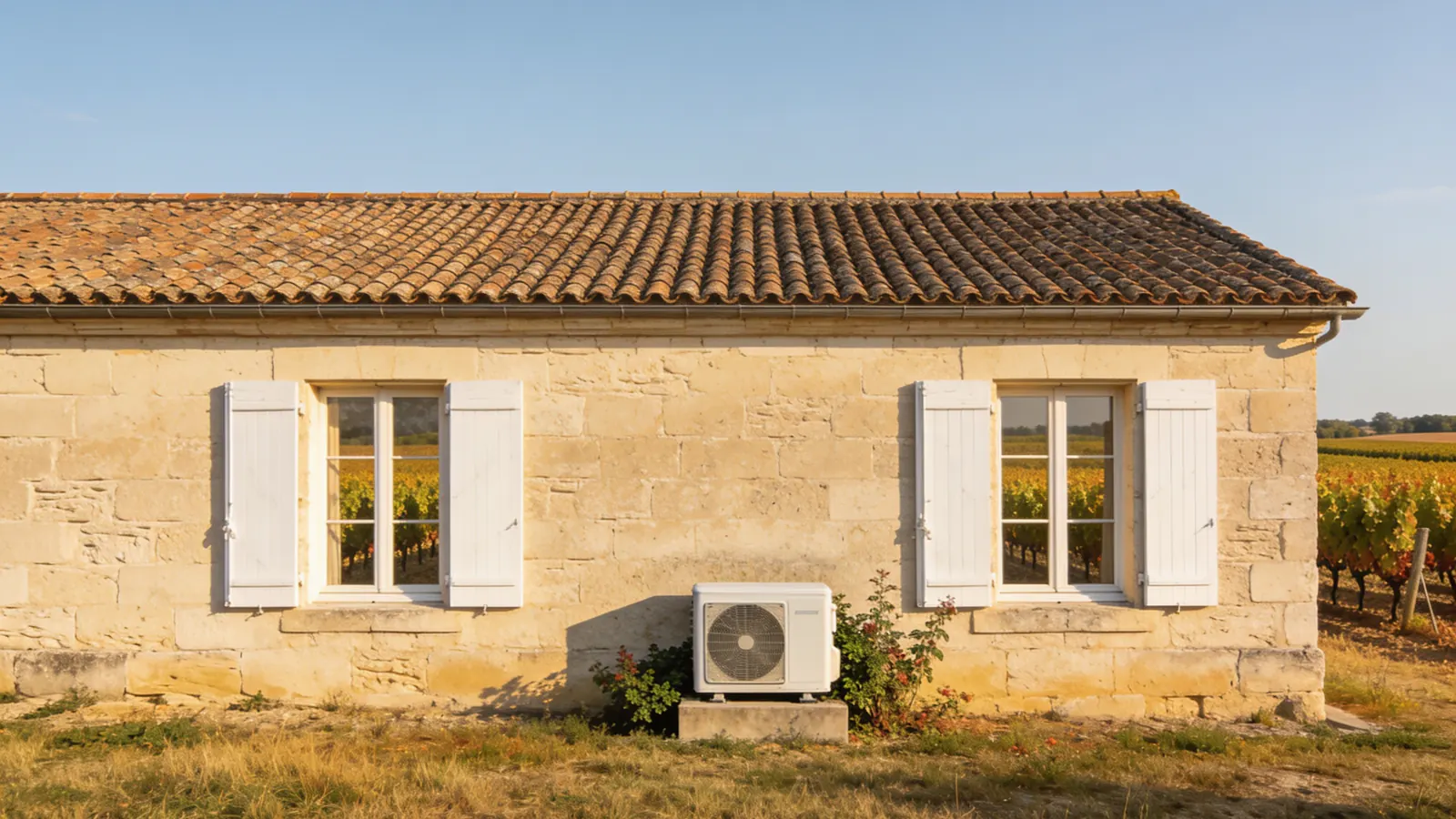 Longère charentaise en pierre calcaire aux volets blancs et toit de tuiles canal près des vignes en fin d'été, une pompe à chaleur posée contre la façade