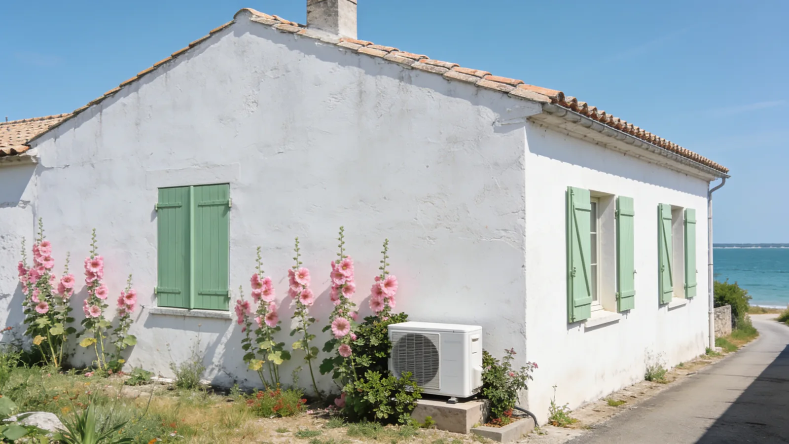 Maison blanchie à la chaux aux volets vert pâle et roses trémières, au bord d'un chemin qui mène à la mer en été, une pompe à chaleur posée contre le mur