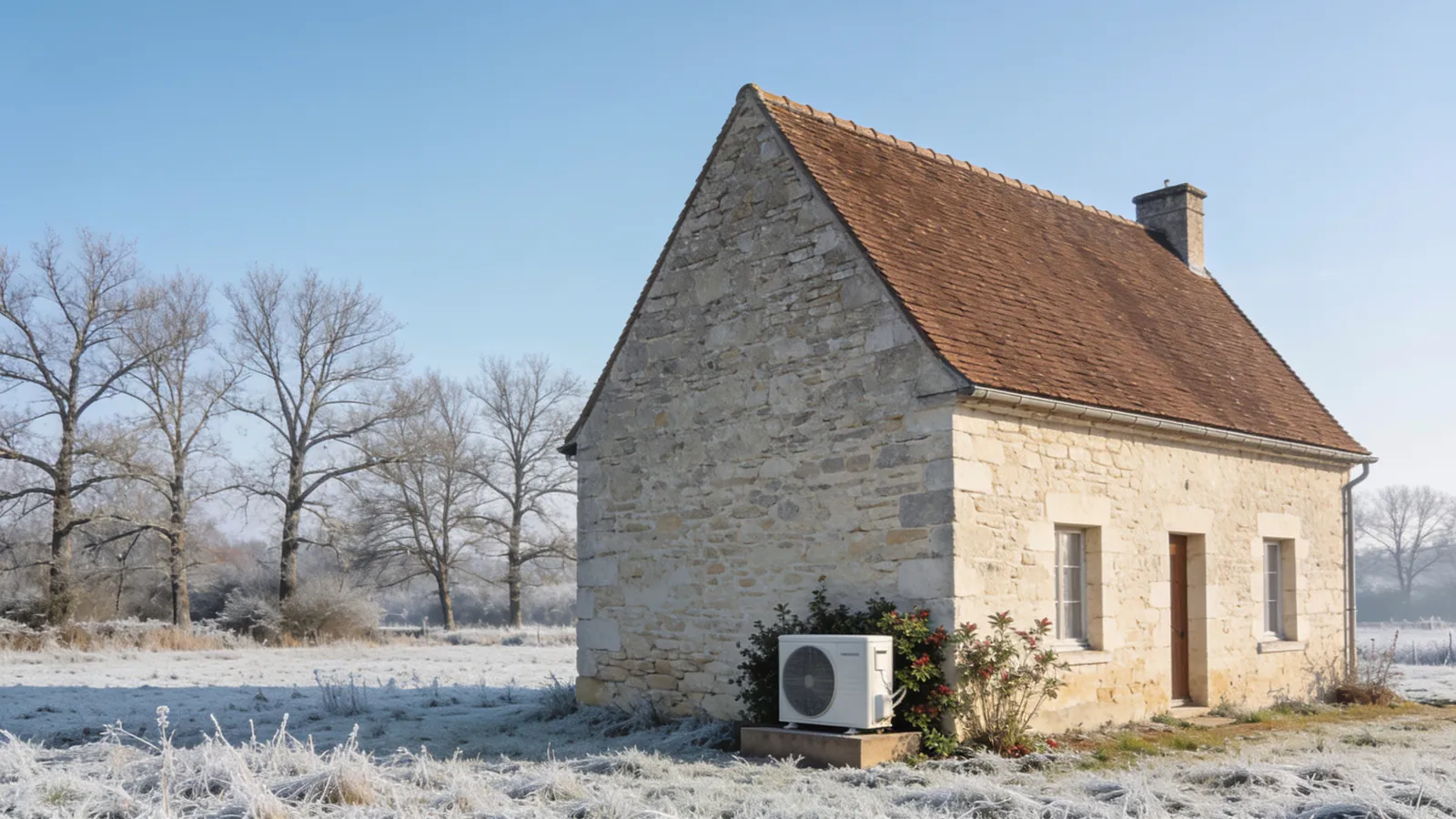 Ferme berrichonne en pierre claire au toit pentu de tuiles brunes, champ givré et arbres nus un matin d'hiver, une pompe à chaleur posée contre le pignon