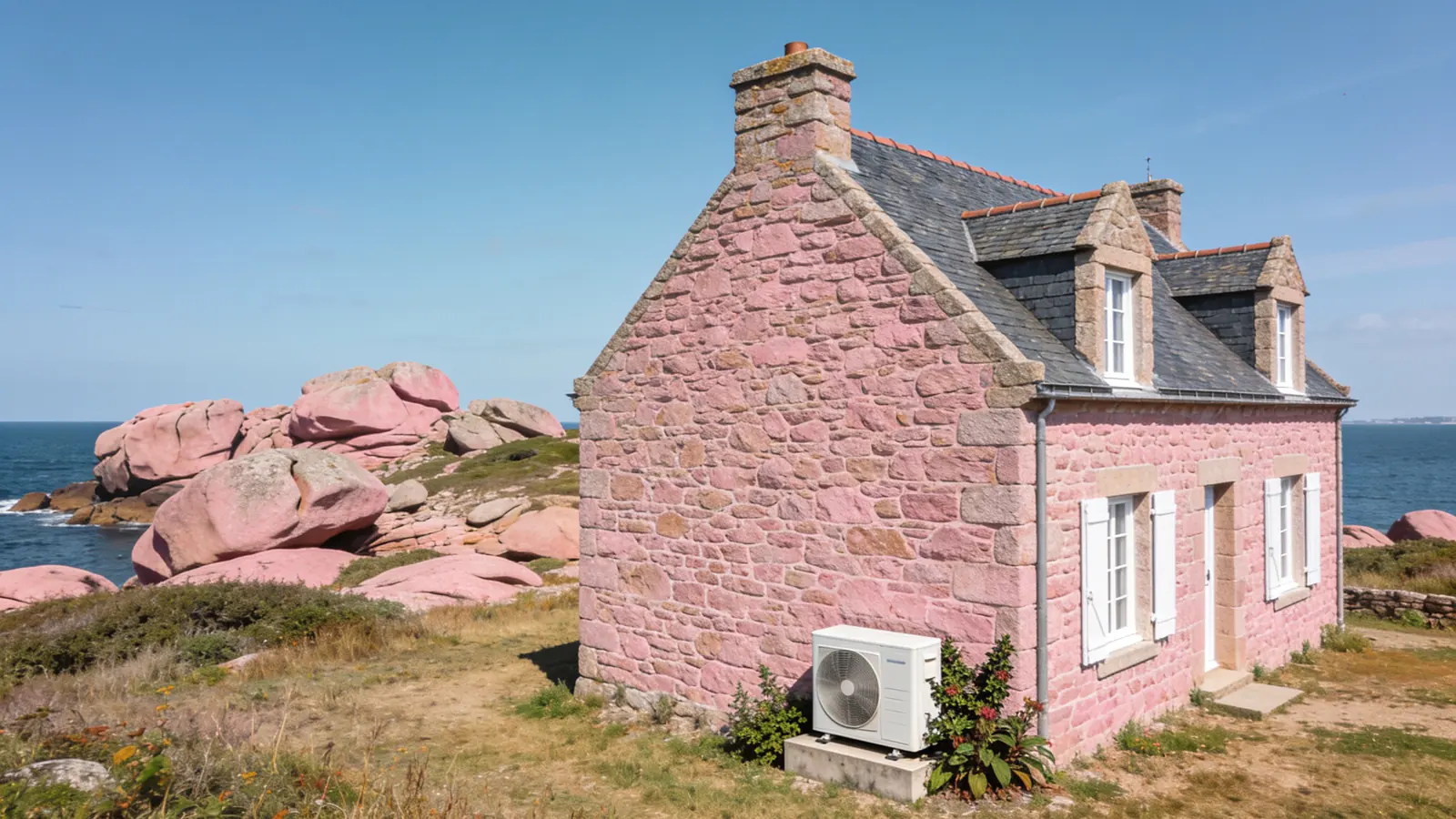Maison en granit rose au toit d'ardoise et volets blancs près des rochers roses et de la mer en été, une pompe à chaleur posée sur un socle contre la façade