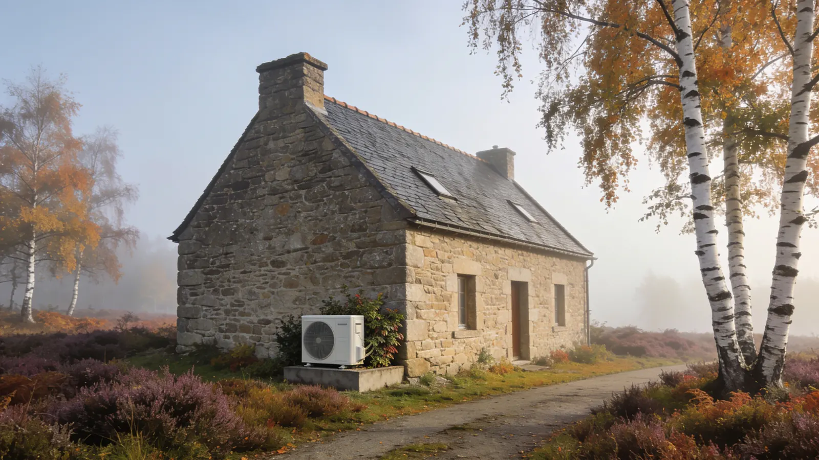Ferme creusoise en granit au toit d'ardoise au bord d'un chemin, bruyères et bouleaux dans la brume d'un matin d'automne, une pompe à chaleur contre le mur