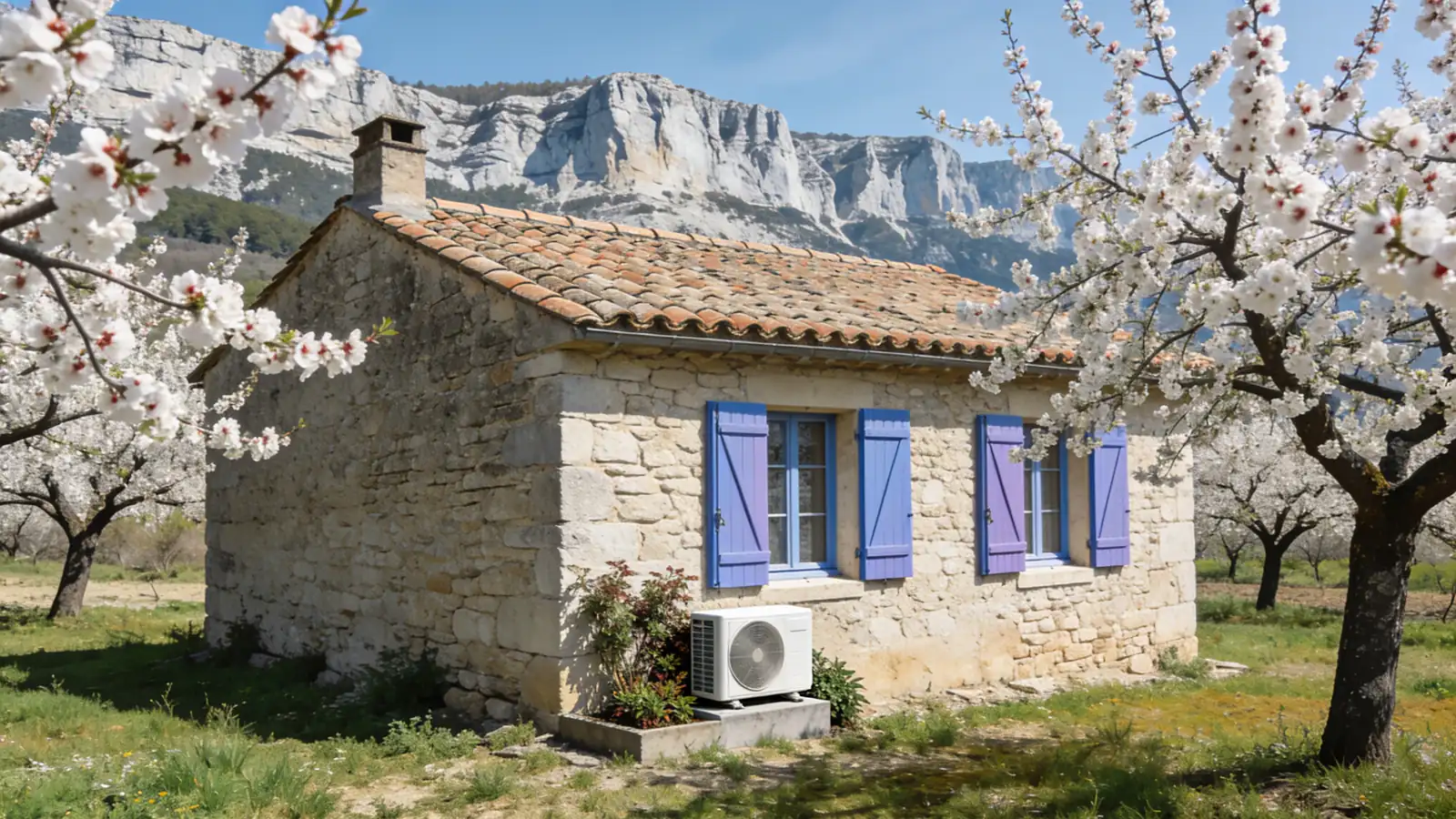 Maison drômoise en pierre aux volets bleu lavande et toit de tuiles canal, abricotiers en fleurs et falaises du Vercors au loin au printemps, une pompe à chaleur contre la façade