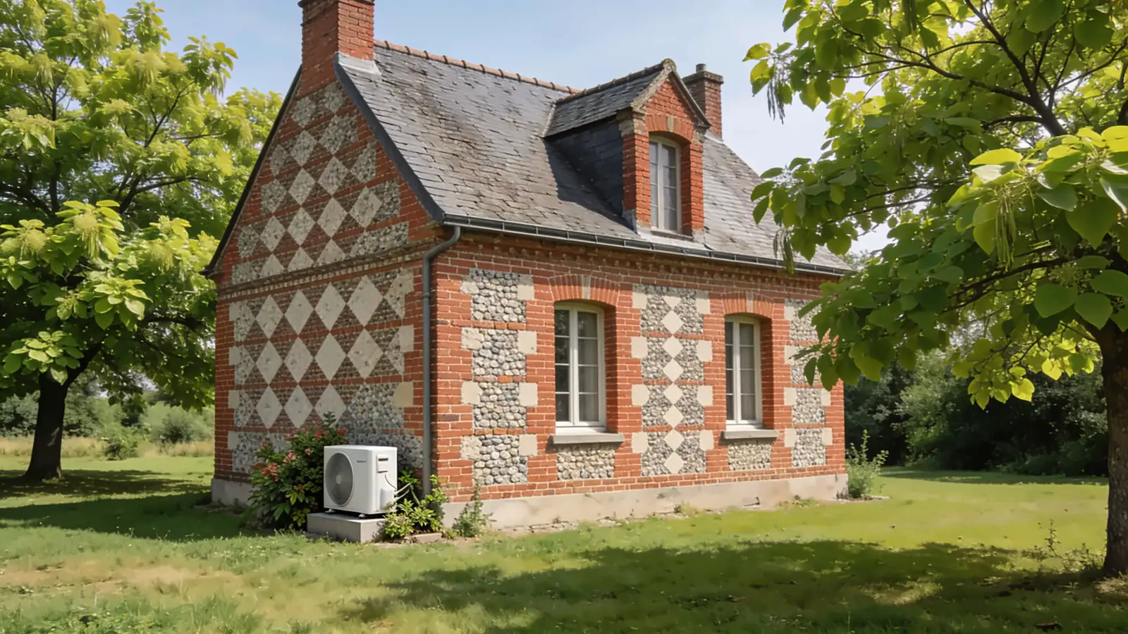 Maison normande en damier de brique rouge et de silex au toit d'ardoise, pelouse et tilleuls en été, une pompe à chaleur posée sur un socle contre le mur