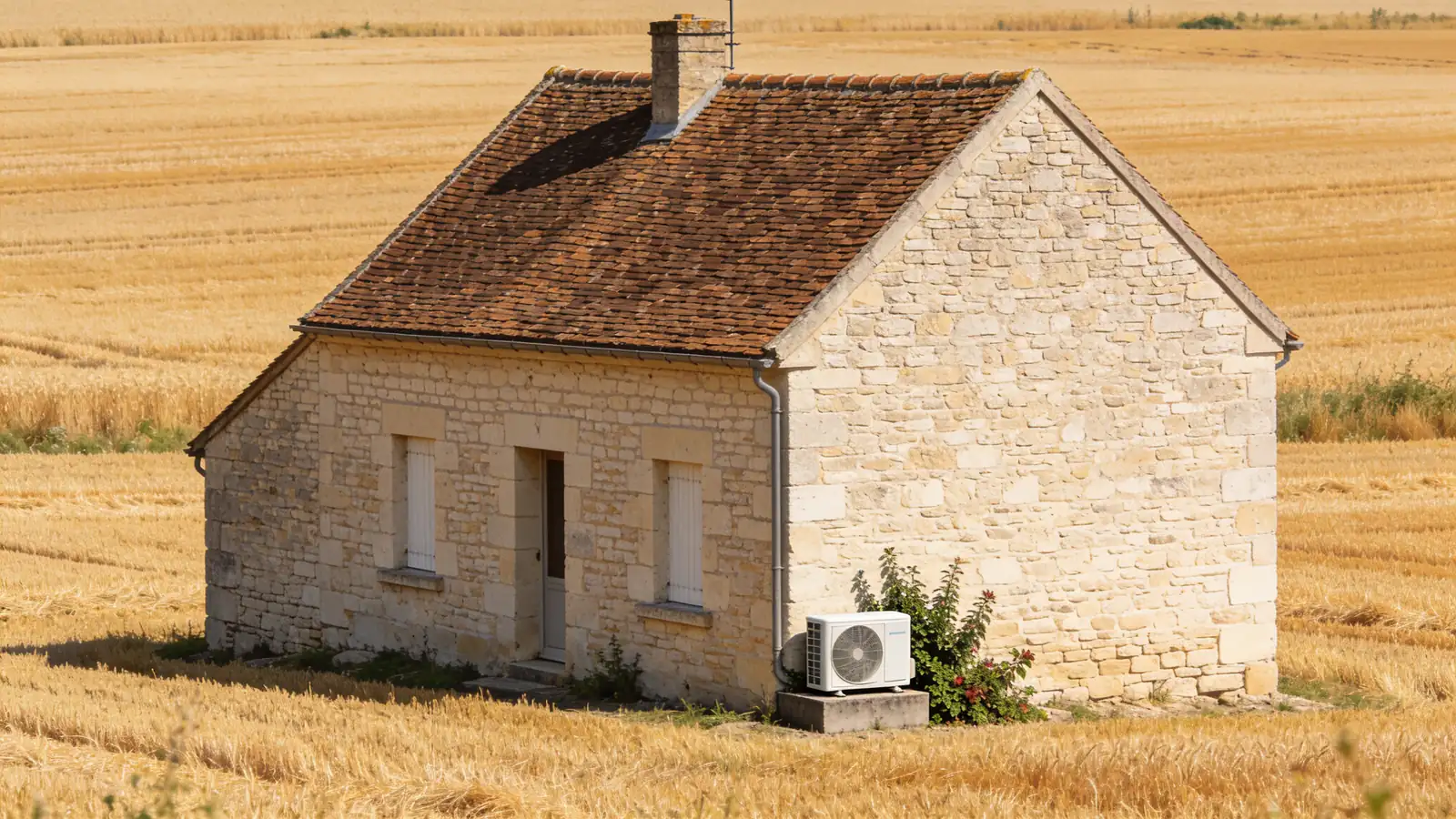 Ferme beauceronne en pierre claire au toit de tuiles brunes au milieu des blés dorés à l'heure de la moisson, une pompe à chaleur posée contre le pignon