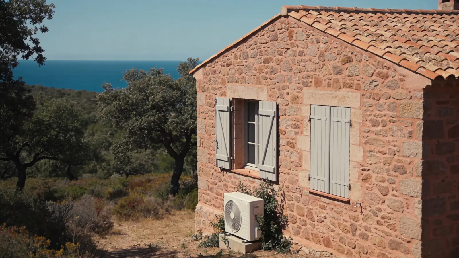 Maison de village en granit rosé aux volets gris clair, chênes-lièges et maquis, la mer au loin en été, une pompe à chaleur posée sur un socle contre la façade