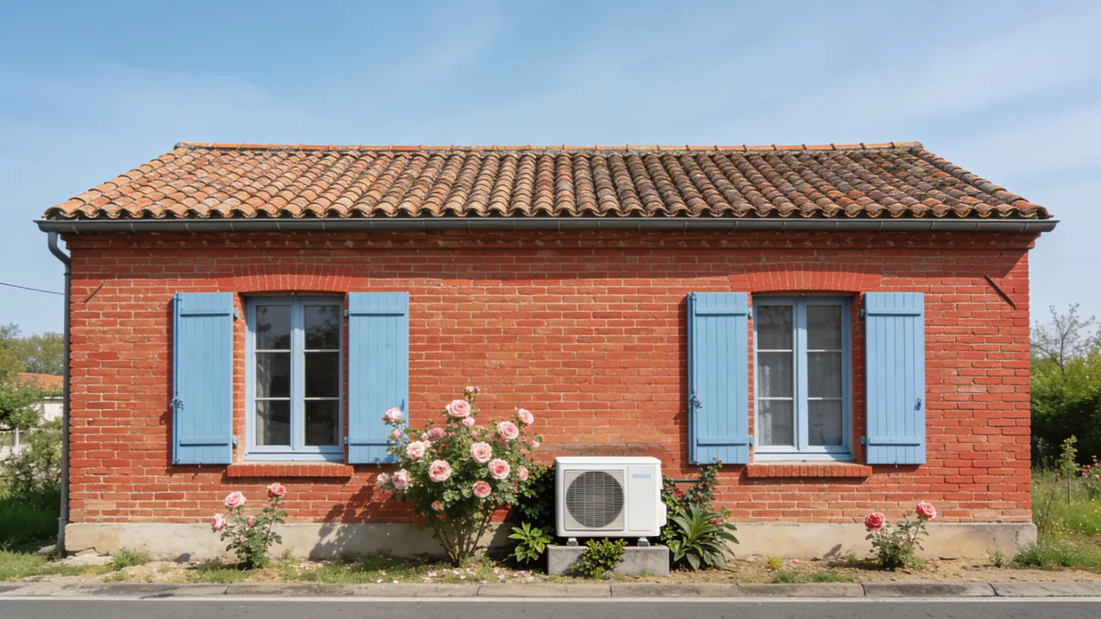 Maison toulousaine de plain-pied en brique rouge aux volets bleu pâle, rosiers en fleurs au printemps, une pompe à chaleur posée entre les fenêtres côté rue