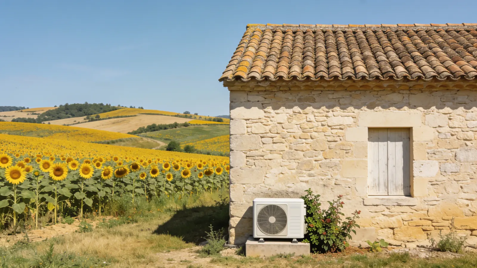 Ferme gersoise en pierre claire au toit de tuiles canal devant des collines couvertes de tournesols en été, une pompe à chaleur posée sur un socle contre le mur