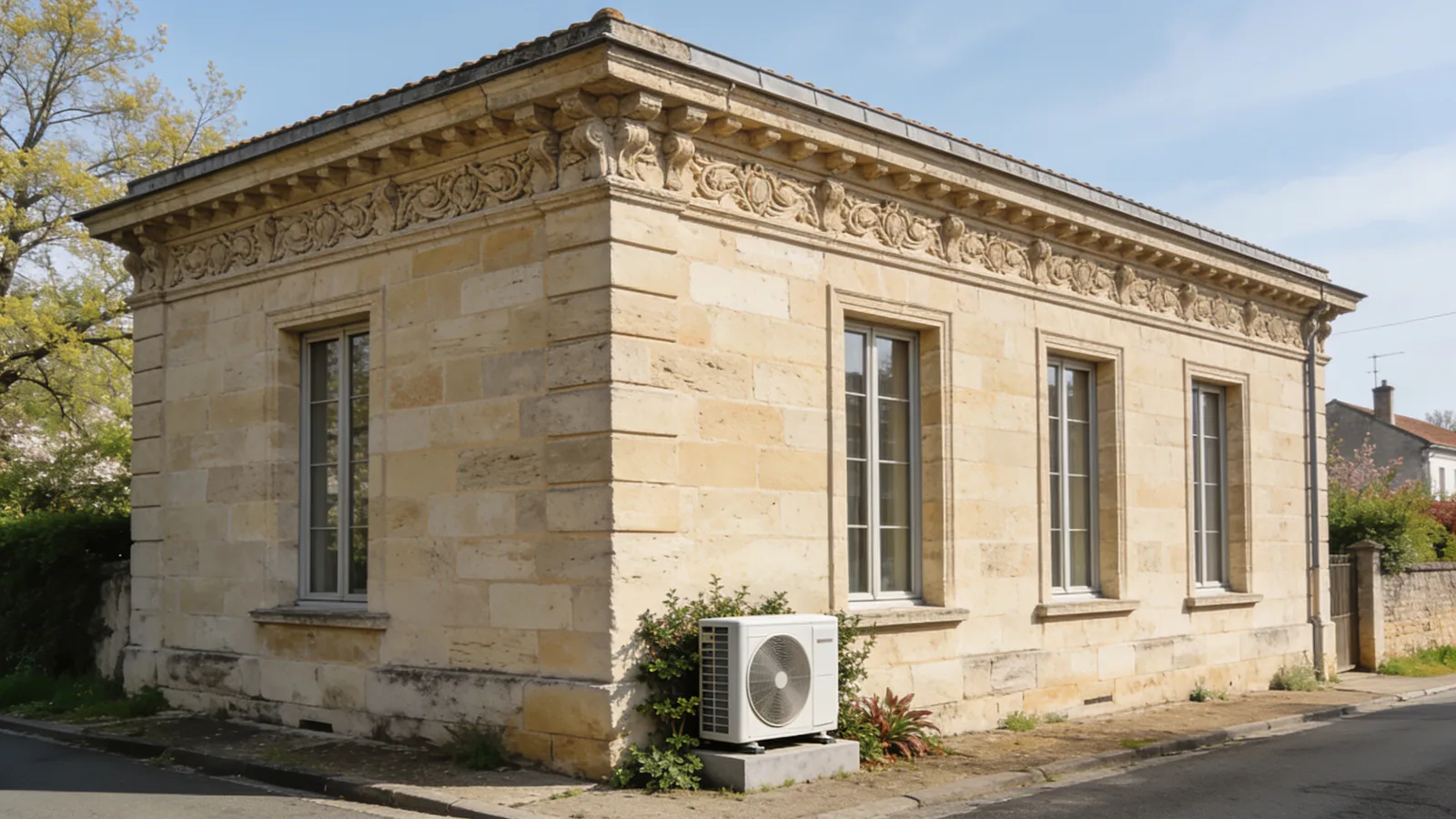 Échoppe bordelaise en pierre de taille claire à corniche sculptée et hautes fenêtres, à l'angle d'une rue calme au printemps, une pompe à chaleur au pied de la façade