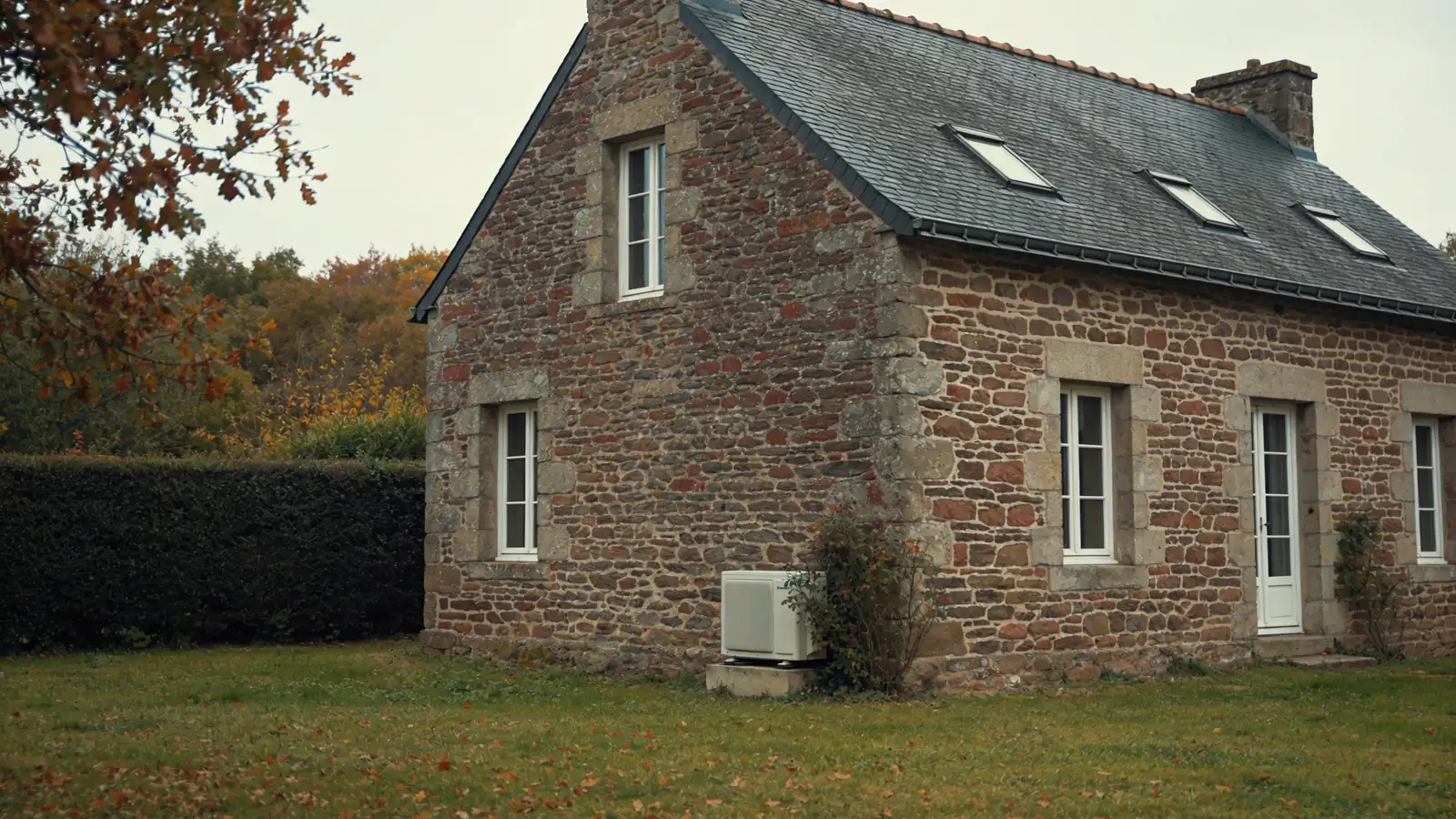 Maison d'Ille-et-Vilaine en moellons de schiste brun-rouge, encadrements de pierre et toit d'ardoise, haie bocagère en automne, une pompe à chaleur au pied du pignon