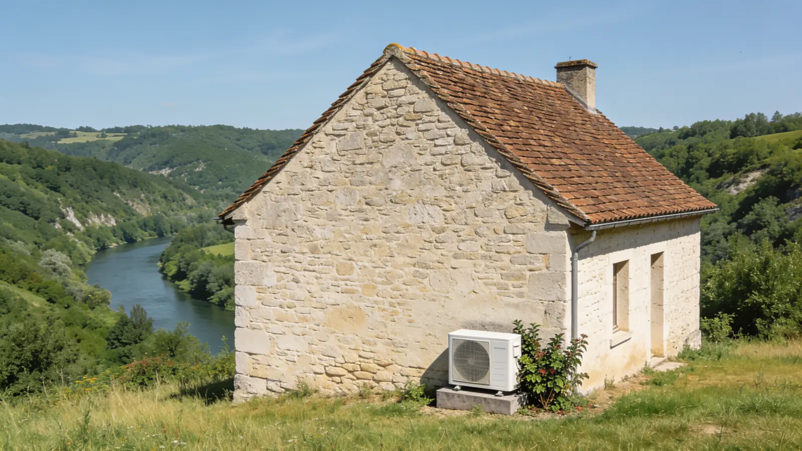 Maison de l'Indre en pierre calcaire au toit de tuiles brunes au-dessus d'une vallée verdoyante et d'une rivière en été, une pompe à chaleur posée contre le pignon