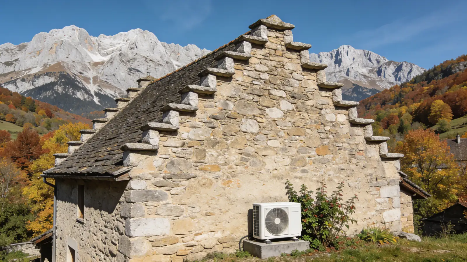 Maison dauphinoise en pierre au pignon à redents couvert de lauzes, montagnes calcaires et forêts d'automne au fond, une pompe à chaleur posée contre le pignon