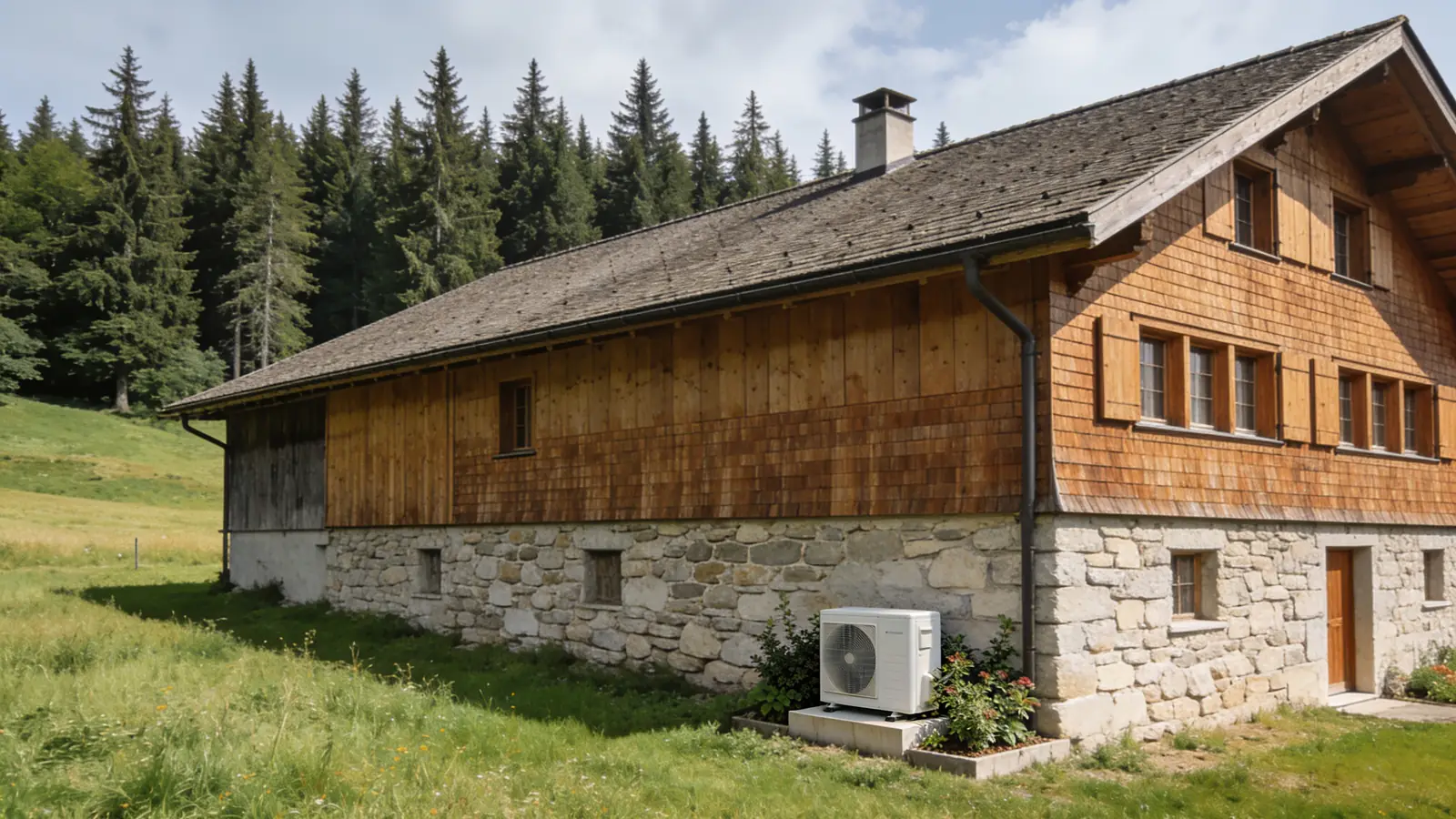 Ferme jurassienne au grand toit, étage bardé de bois et rez-de-chaussée en pierre, prés et forêt d'épicéas en été, une pompe à chaleur posée contre le soubassement