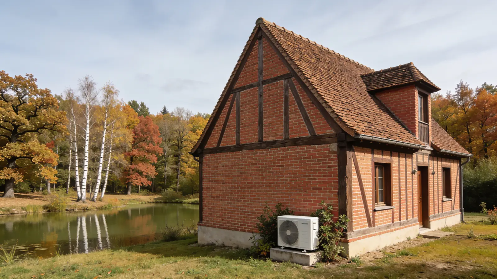 Maison solognote en brique rouge et pans de bois au toit de tuiles brunes près d'un étang, bouleaux et chênes en automne, une pompe à chaleur posée contre le mur