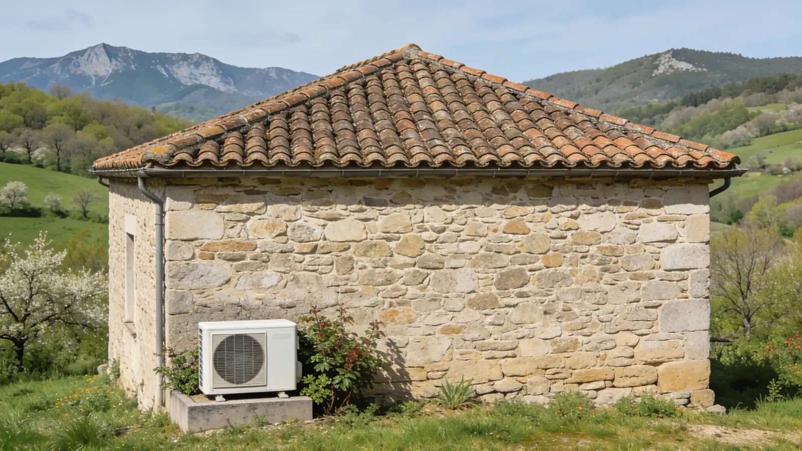 Maison du Forez en pierre au toit de tuiles canal, collines vertes et arbres en fleurs au printemps, une pompe à chaleur posée sur un socle contre la façade