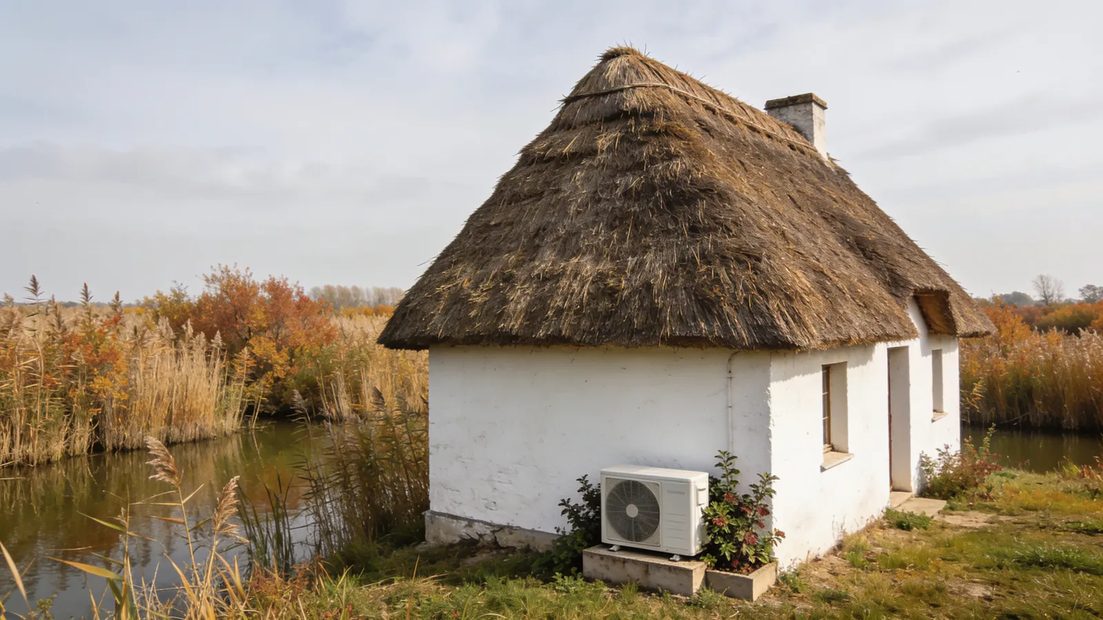 Chaumière de Brière aux murs blancs et toit épais de roseaux au bord du marais, roselières en automne, une pompe à chaleur posée sur un socle contre la façade
