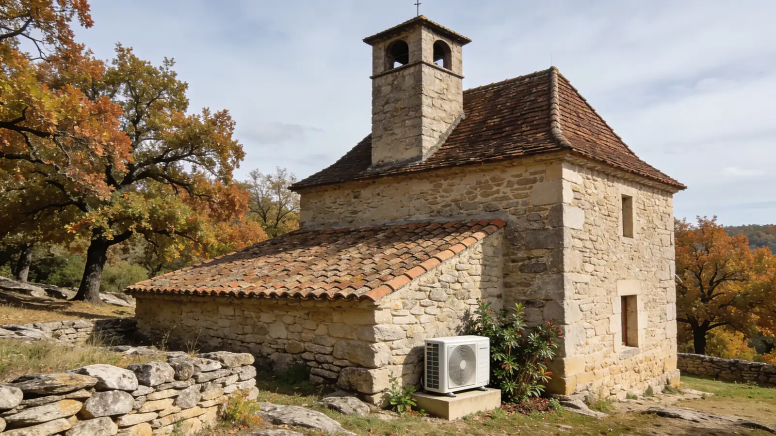 Maison quercynoise en pierre avec un petit pigeonnier carré, murets de pierre sèche et chênes du causse en automne, une pompe à chaleur posée contre le mur