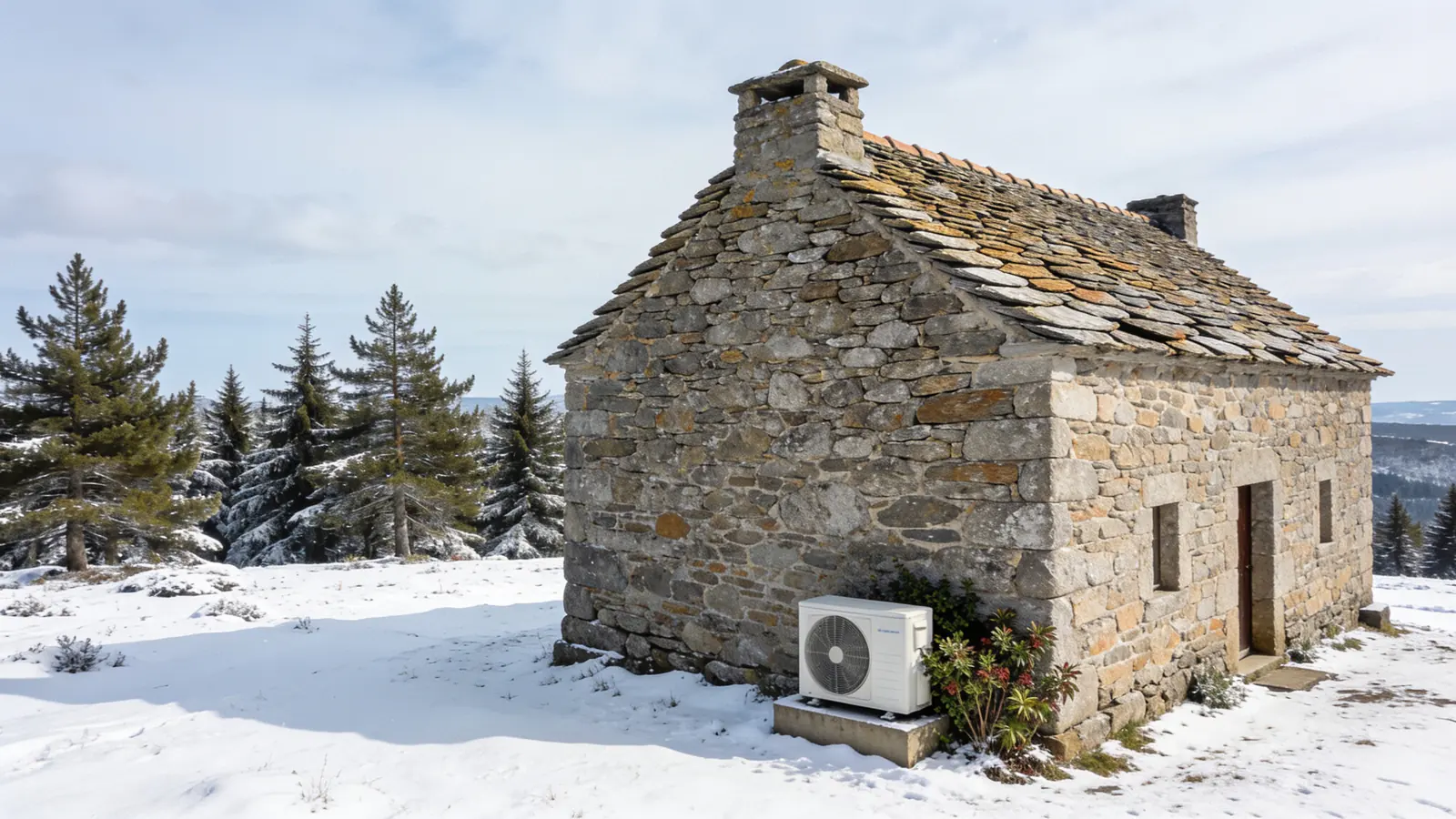 Ferme lozérienne en granit au toit de lauzes sur un plateau enneigé bordé de pins en hiver, une pompe à chaleur posée sur un socle à l'angle de la maison