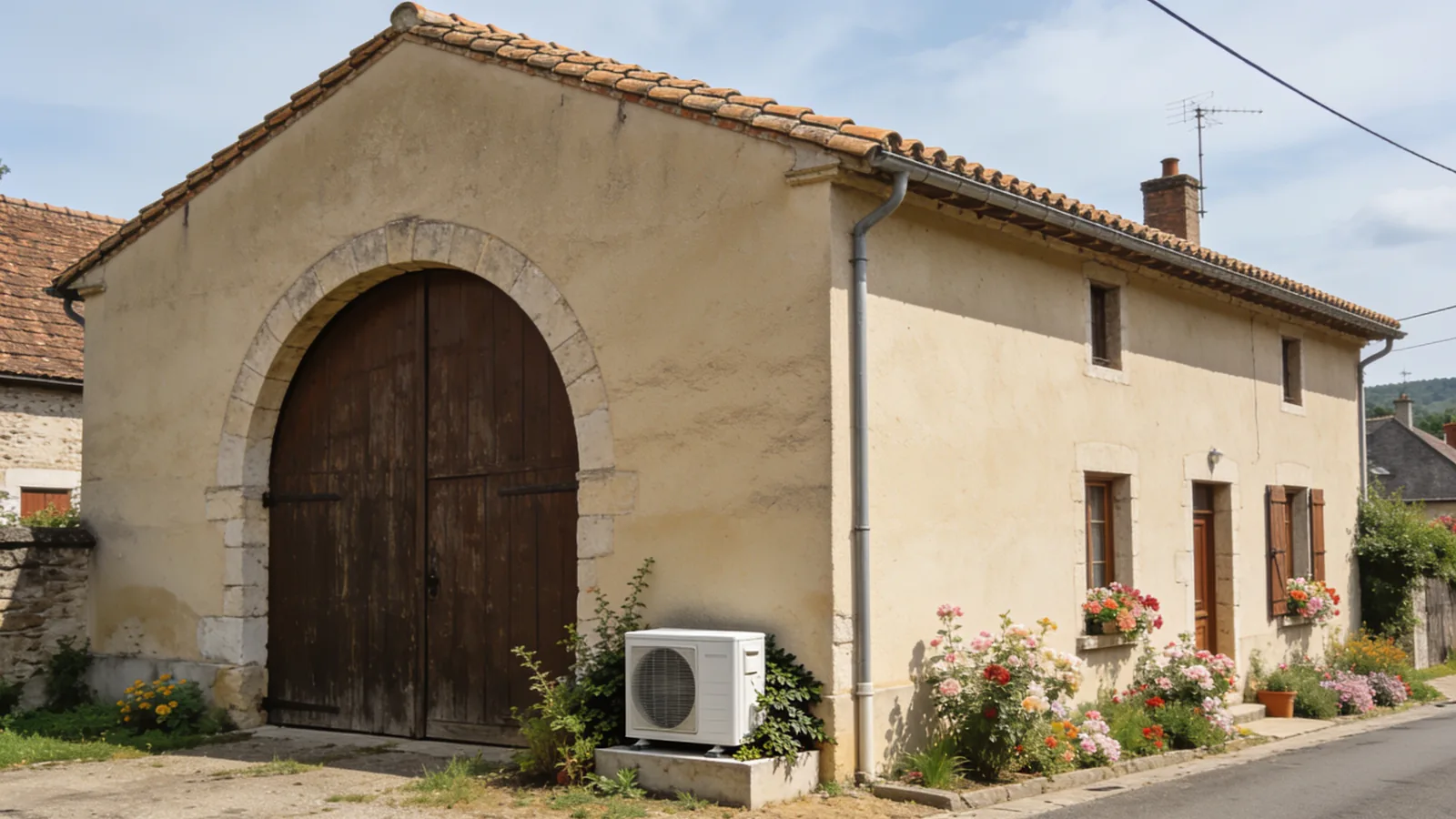 Ferme lorraine de village à grande porte charretière cintrée, enduit beige et toit de tuiles, fleurs devant la façade en été, une pompe à chaleur contre le mur