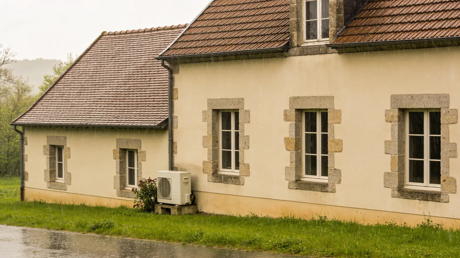 Maison meusienne enduite de crème aux encadrements de pierre et toit de tuiles brunes, bande d'herbe devant la façade un jour de pluie au printemps, une pompe à chaleur contre le mur