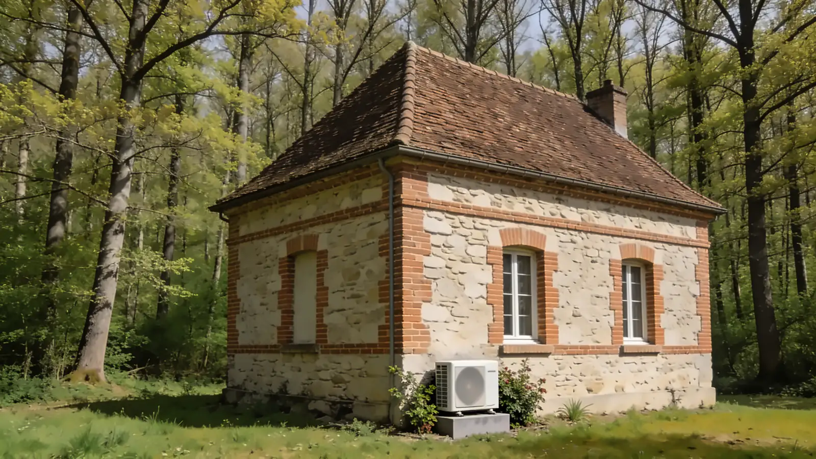 Maison picarde en pierre aux chaînages et encadrements de brique, toit de tuiles brunes en lisière d'une forêt de hêtres au printemps, une pompe à chaleur contre le mur