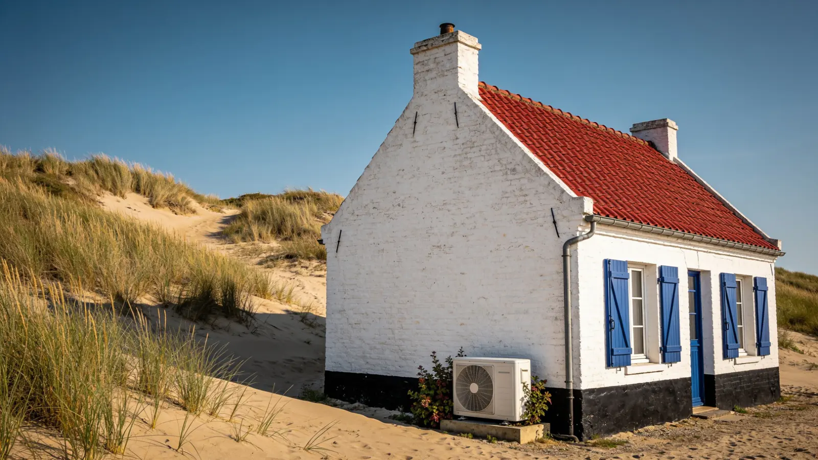 Maison de pêcheur blanchie à la chaux au soubassement noir, toit de tuiles rouges et volets bleus au pied des dunes en été, une pompe à chaleur contre le pignon