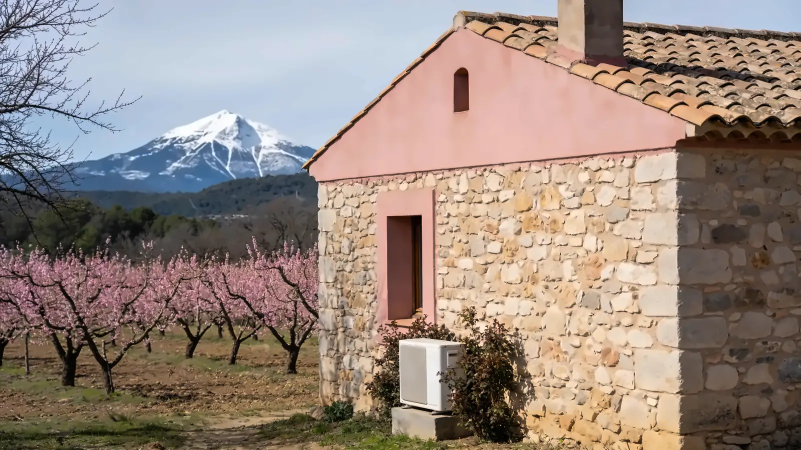 Maison catalane en pierre et enduit rose au toit de tuiles canal, pêchers en fleurs roses et sommet enneigé au loin à la fin de l'hiver, une pompe à chaleur contre le mur