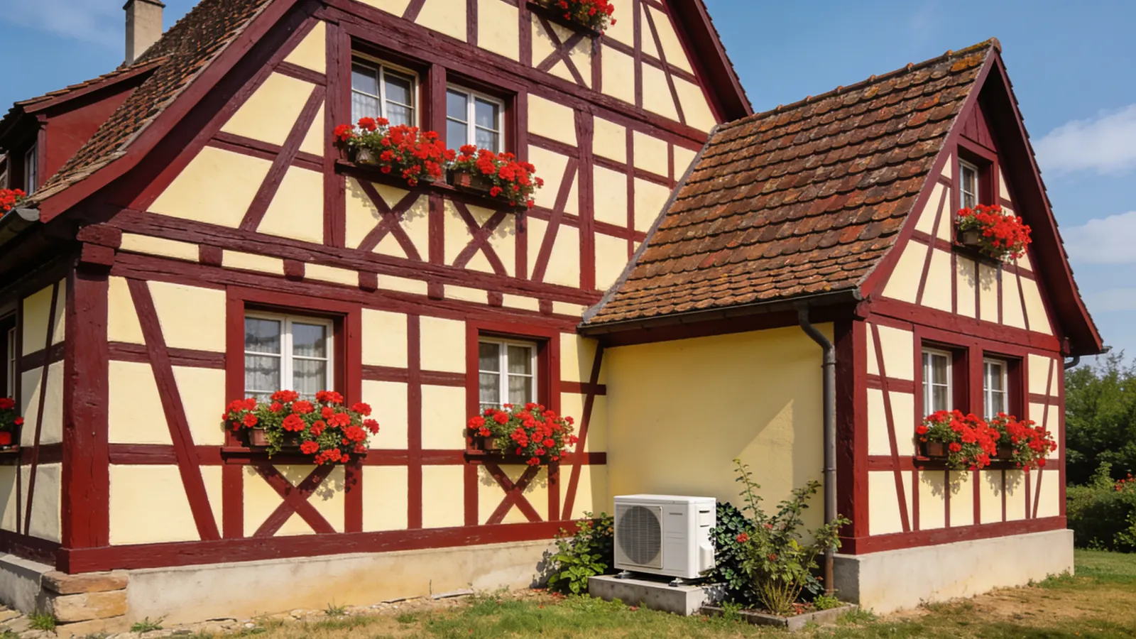 Maison alsacienne à colombages rouge sombre et enduit jaune pâle, géraniums rouges aux fenêtres en été, une pompe à chaleur posée sur un socle contre la façade