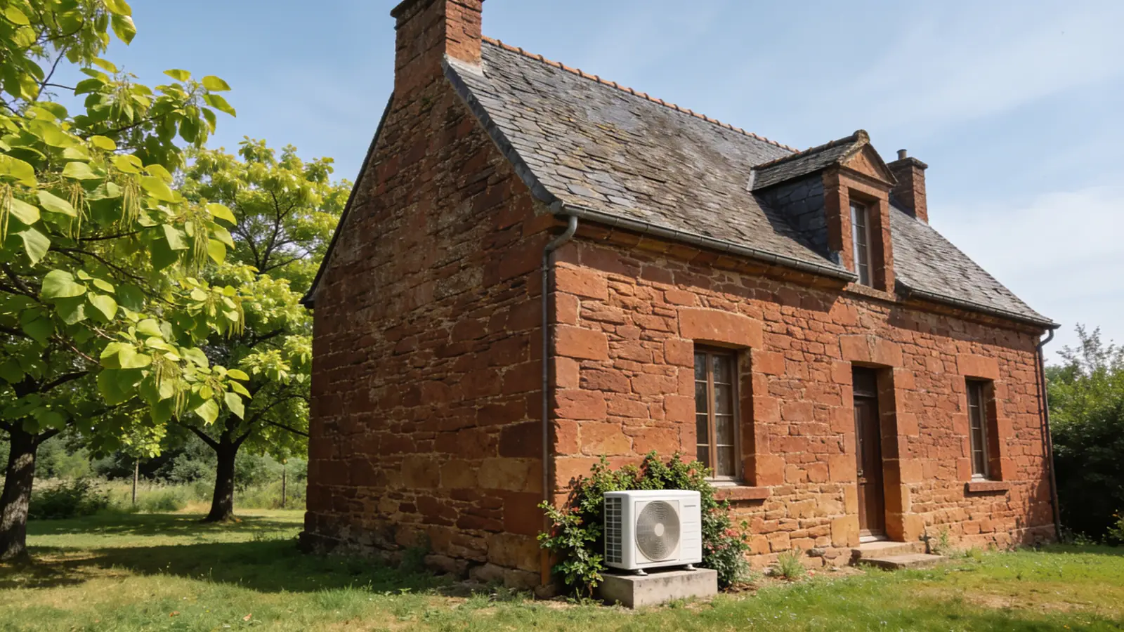 Maison sarthoise en grès roussard au toit d'ardoise avec lucarne, jardin vert et arbres en été, une pompe à chaleur posée sur un socle contre la façade