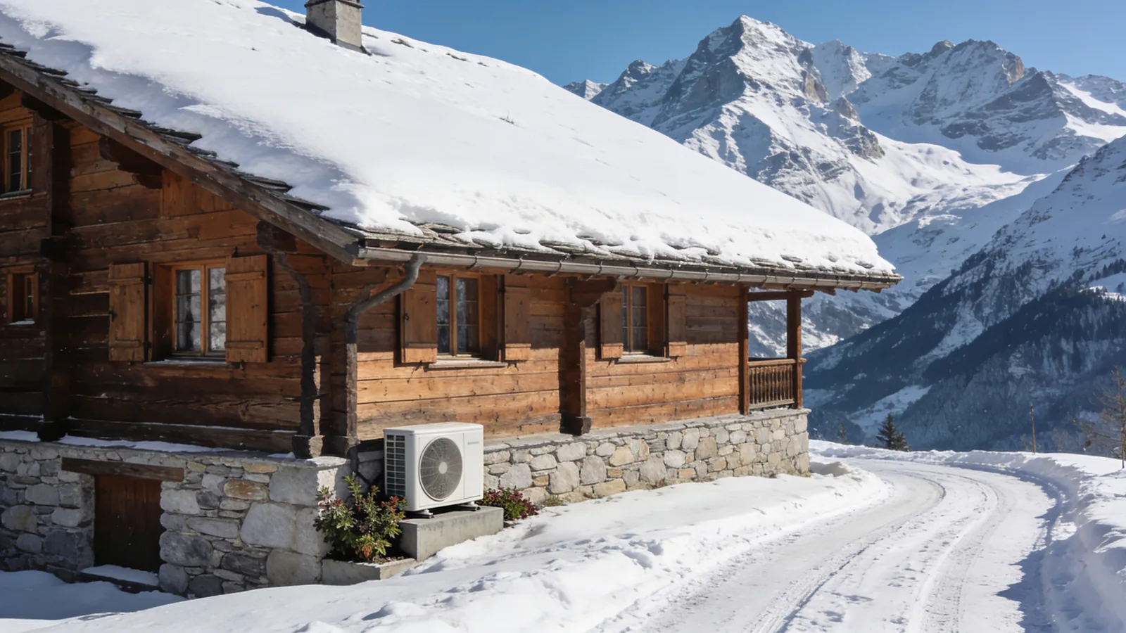 Chalet savoyard en bois sur soubassement de pierre, toit couvert d'une épaisse couche de neige et sommets alpins en plein hiver, une pompe à chaleur au bord du chemin enneigé
