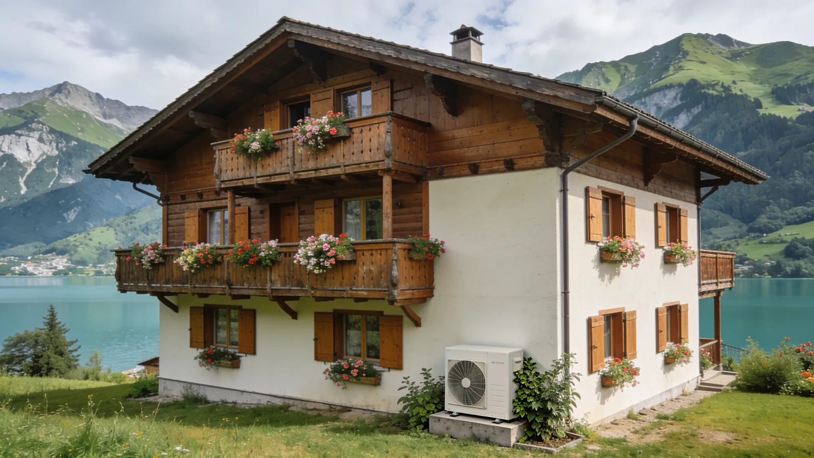 Ferme-chalet haut-savoyarde aux balcons de bois fleuris au-dessus d'un lac alpin et de montagnes vertes en été, une pompe à chaleur posée contre le mur blanc