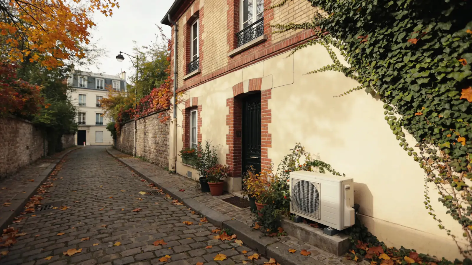 Petite maison parisienne en brique et enduit crème dans une ruelle pavée, lierre, pots de fleurs et feuilles mortes en automne, une pompe à chaleur posée sur la marche du trottoir