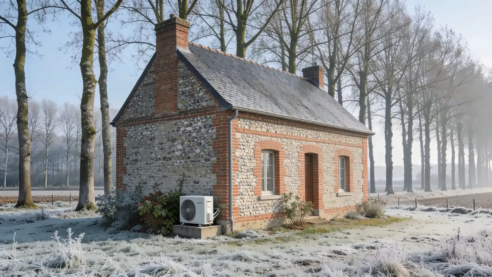Maison cauchoise en silex et brique au toit d'ardoise, alignements de grands hêtres et herbe givrée un matin d'hiver, une pompe à chaleur posée contre le pignon
