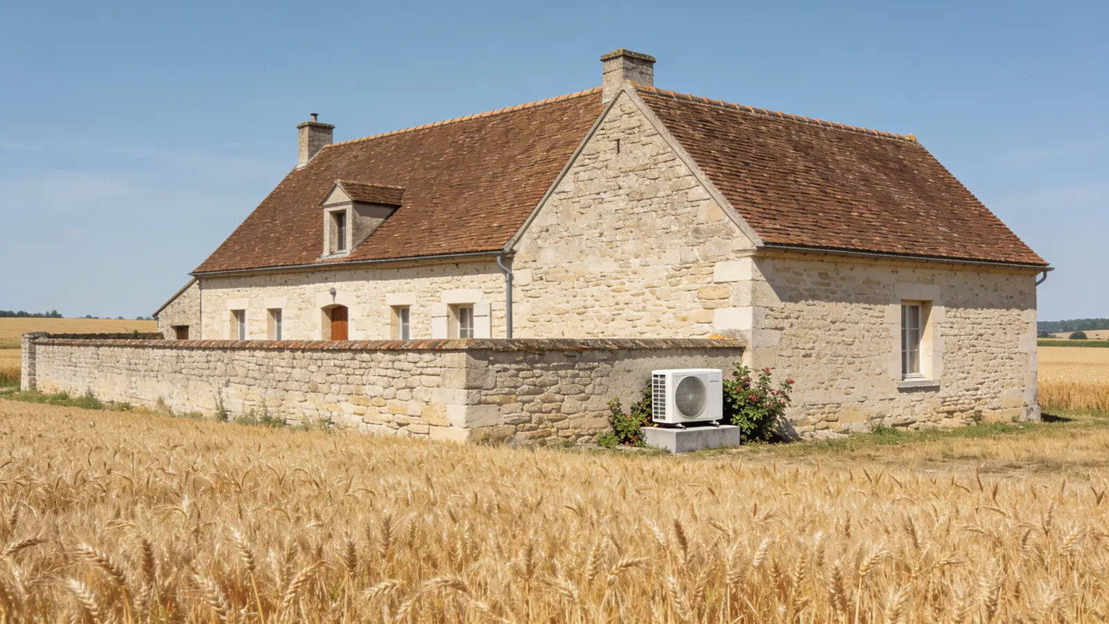 Ferme briarde en pierre claire au toit de tuiles brunes et cour fermée de murs au milieu des blés en été, une pompe à chaleur posée contre le mur