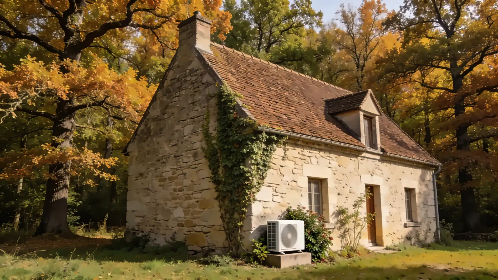 Maison de village des Yvelines en pierre au toit de tuiles brunes couverte de lierre, en lisière d'une chênaie en automne, une pompe à chaleur posée sur un socle contre la façade