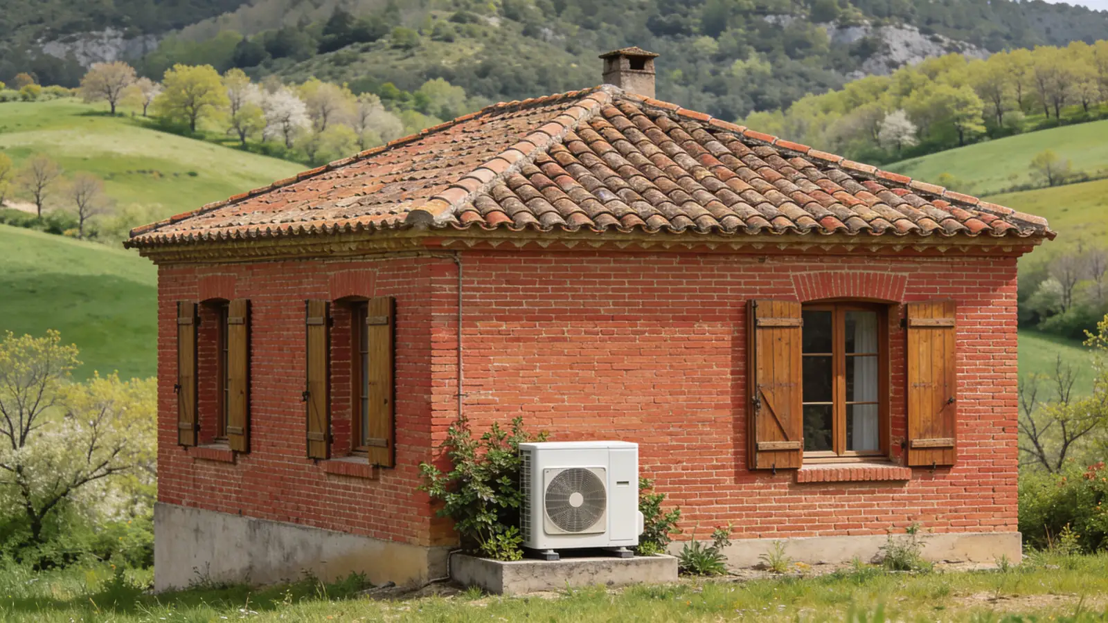 Maison albigeoise en brique rouge aux volets de bois et toit de tuiles canal, collines vertes et arbres en fleurs au printemps, une pompe à chaleur contre la façade