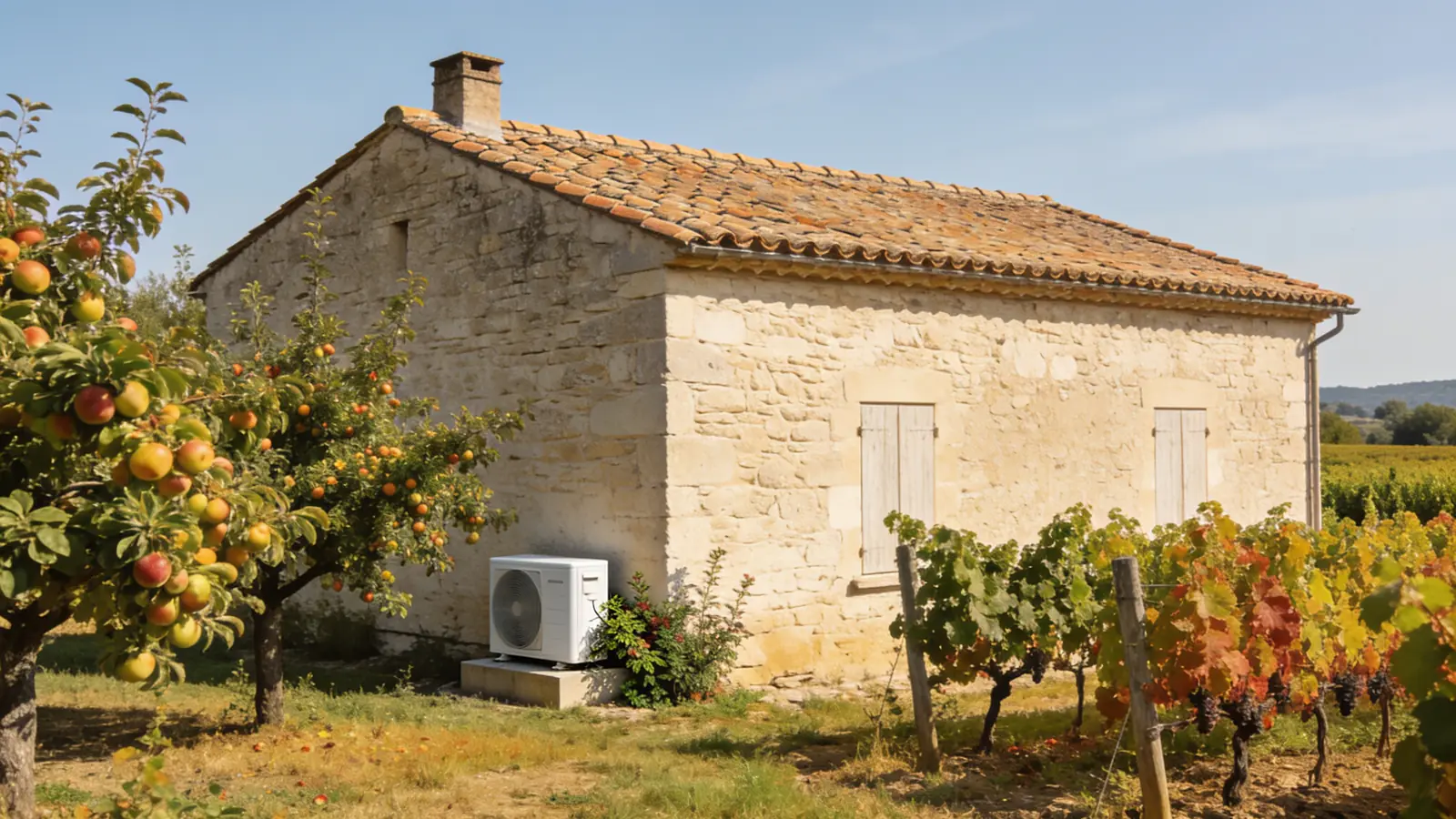 Ferme du Tarn-et-Garonne en pierre calcaire claire au toit de tuiles canal entre pommiers chargés de fruits et vignes, en fin d'été, une pompe à chaleur contre le mur