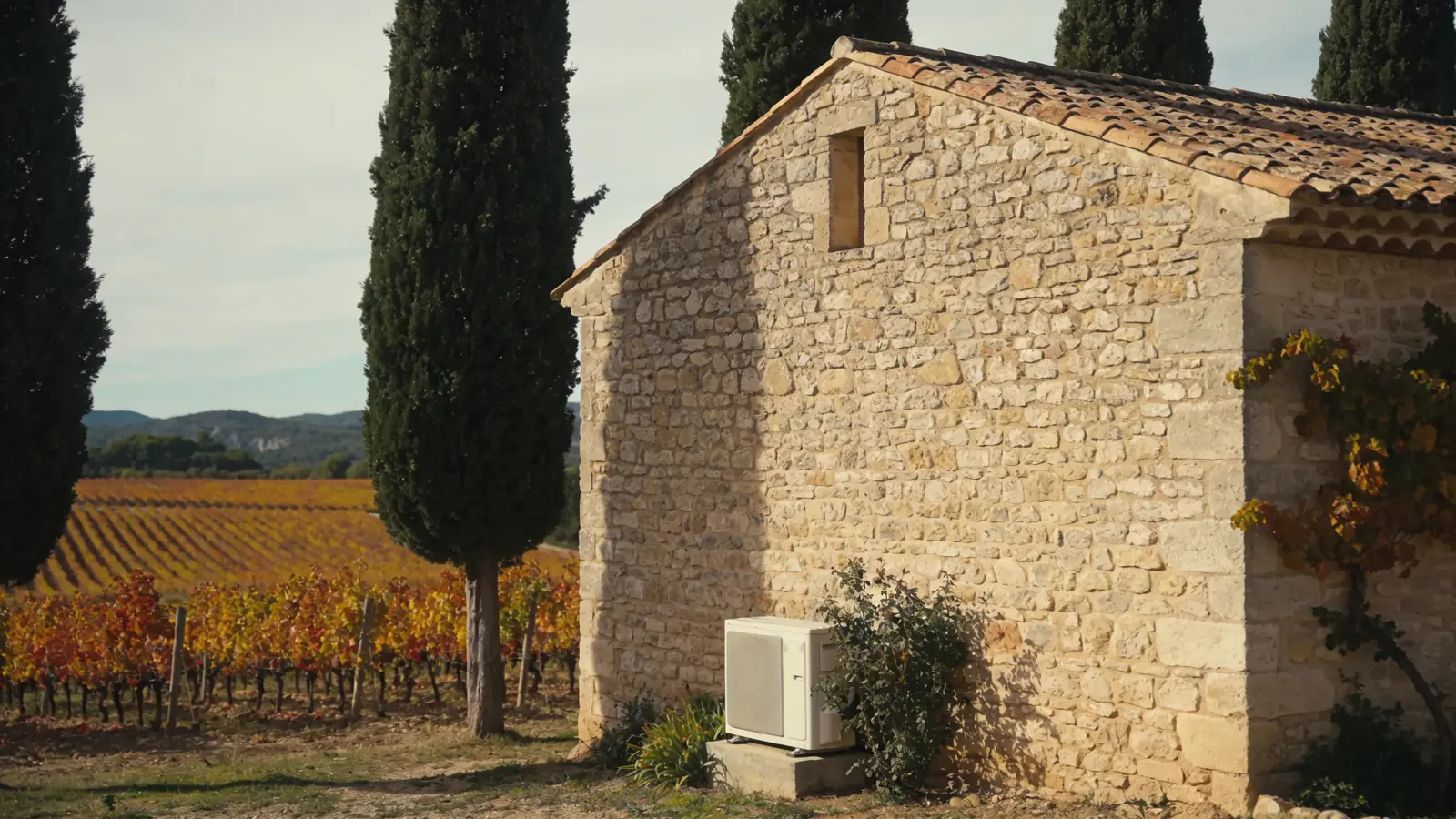 Mas varois en pierre au toit de tuiles canal entre deux grands cyprès, vignes aux couleurs d'automne et collines au loin, une pompe à chaleur posée contre le mur